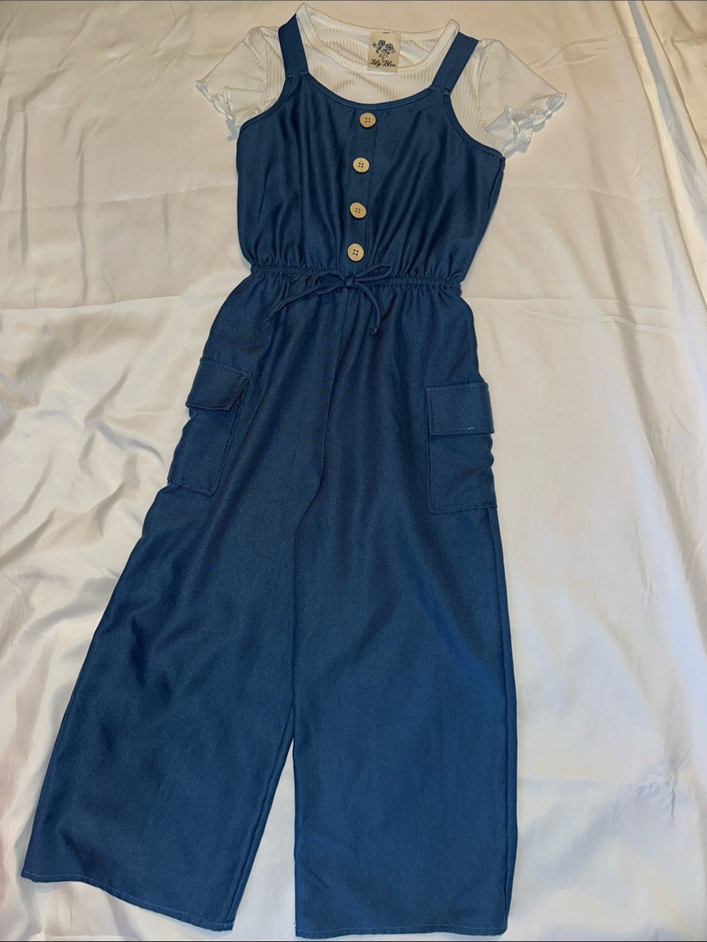 Lily Bleu Blue Jumpsuit/Overalls with button front and White Ribbed Tee